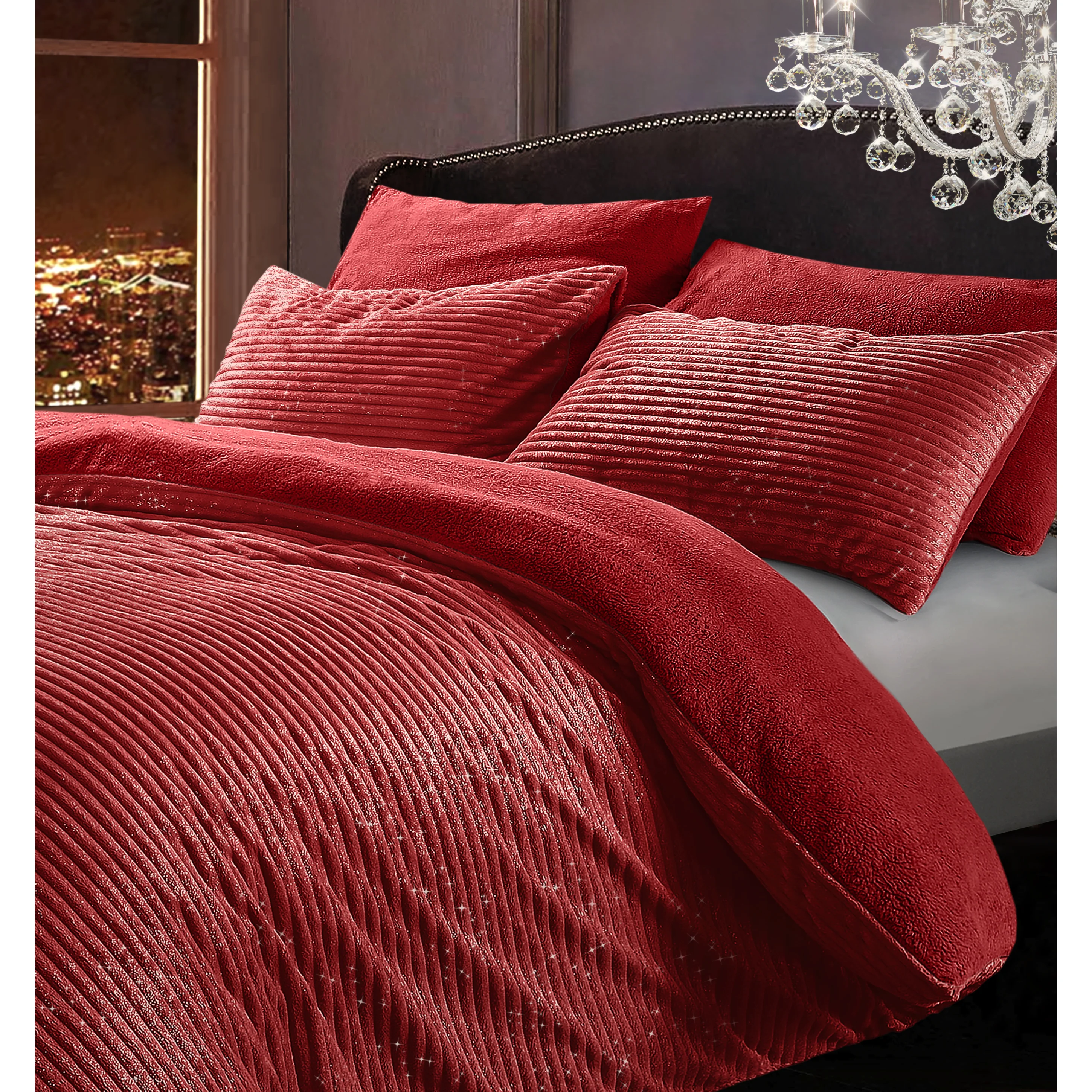 Velosso Red Glitter Corduroy Teddy Fleece Duvet Cover & Pillowcase Set