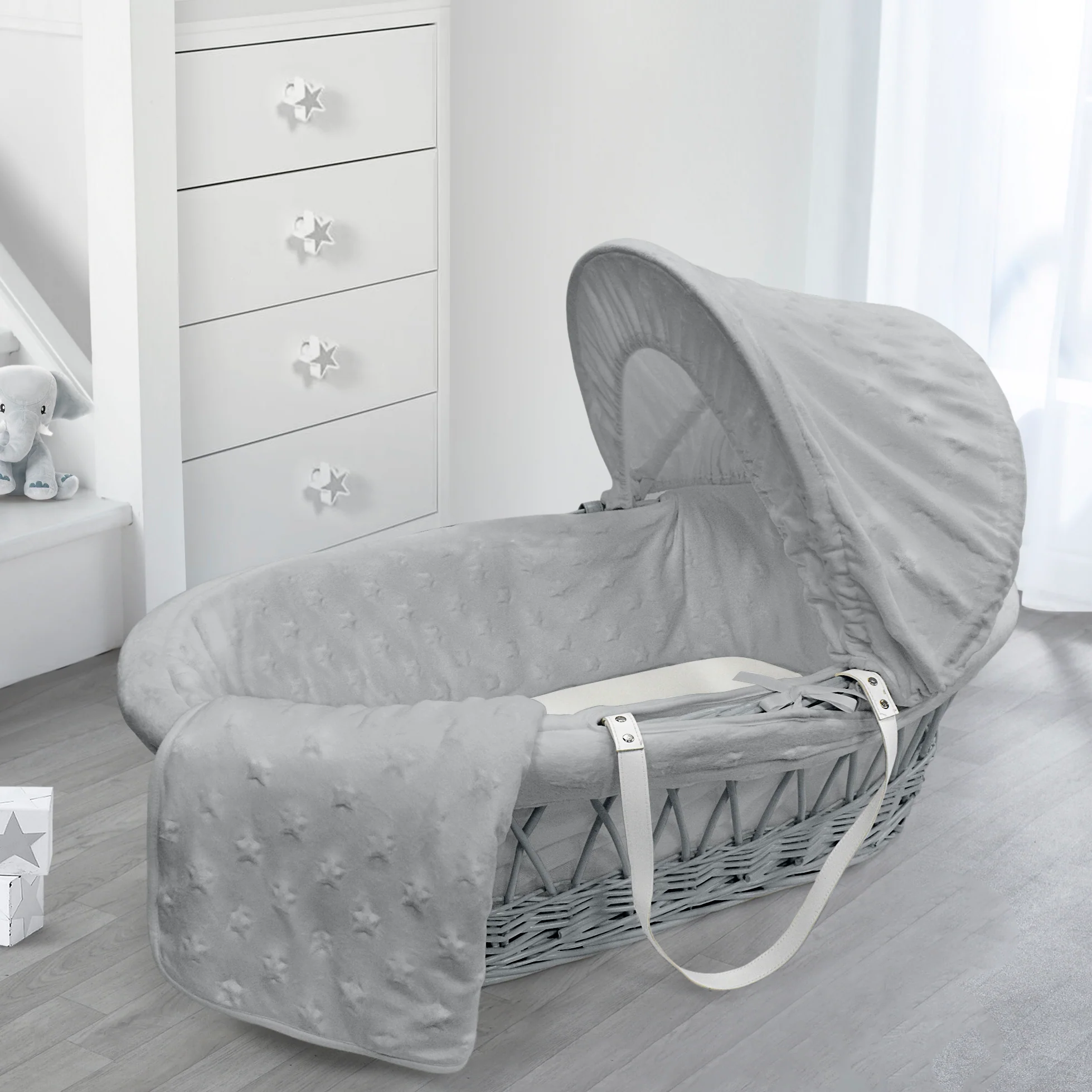 My Little World Grey Wicker Moses Basket & Grey Star Dressing