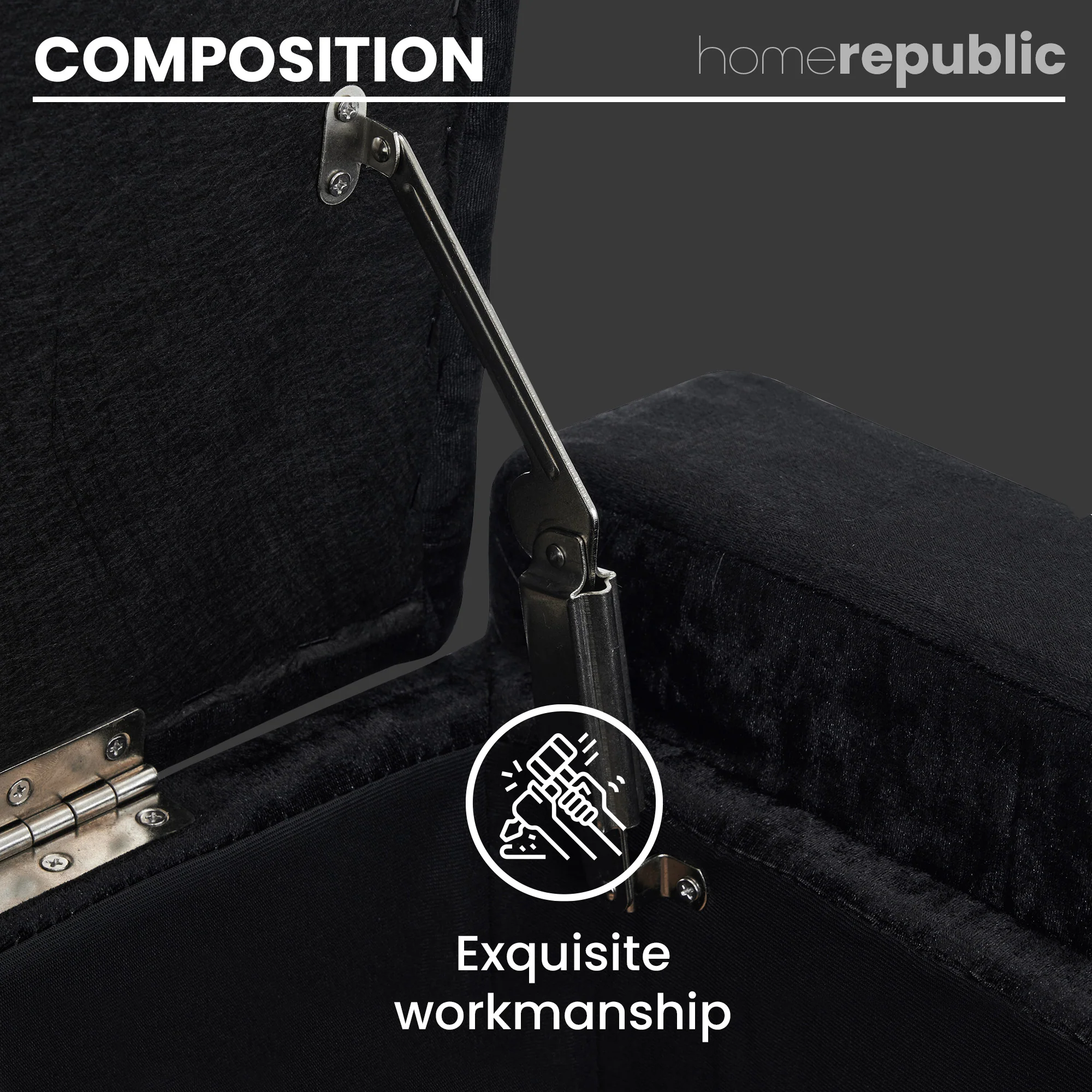 Home Republic Crushed Velvet Black Ottoman Storage Bench - Image 5