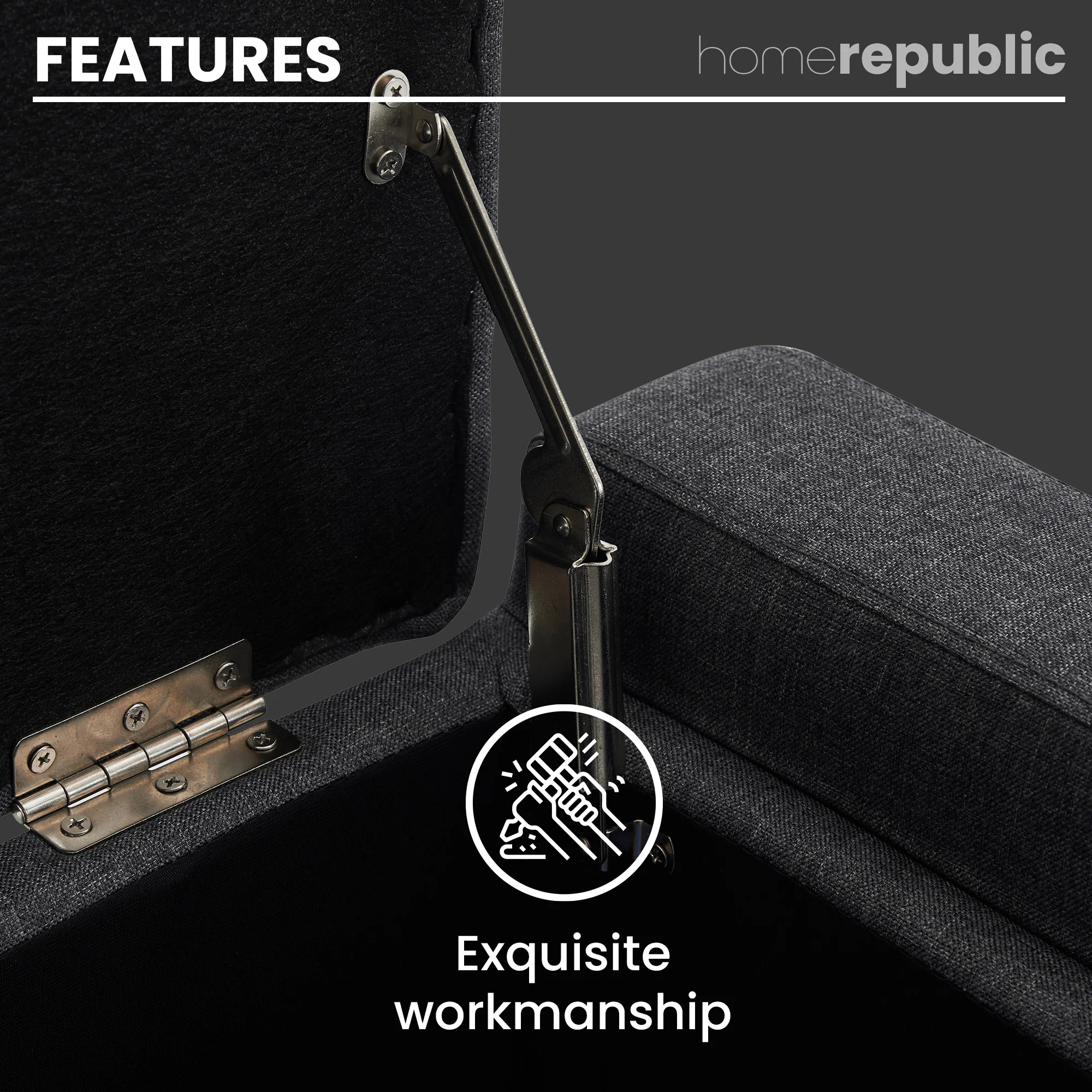 Home Republic Luna Velvet Grey Ottoman Storage Bench - Image 5