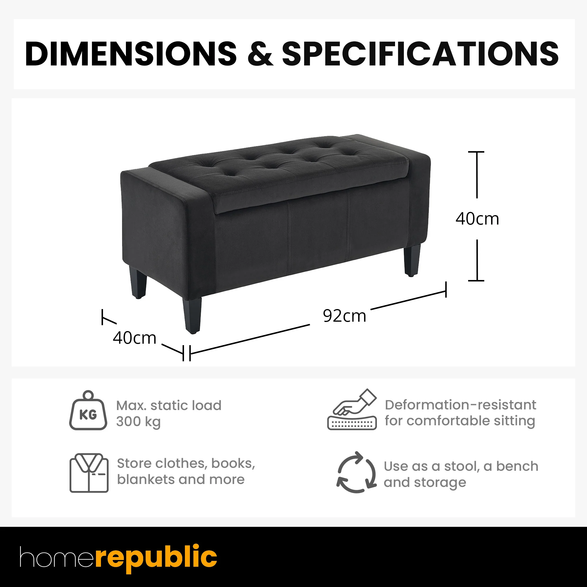 Home Republic Luna Velvet Charcoal Grey Ottoman Storage Bench - Image 6