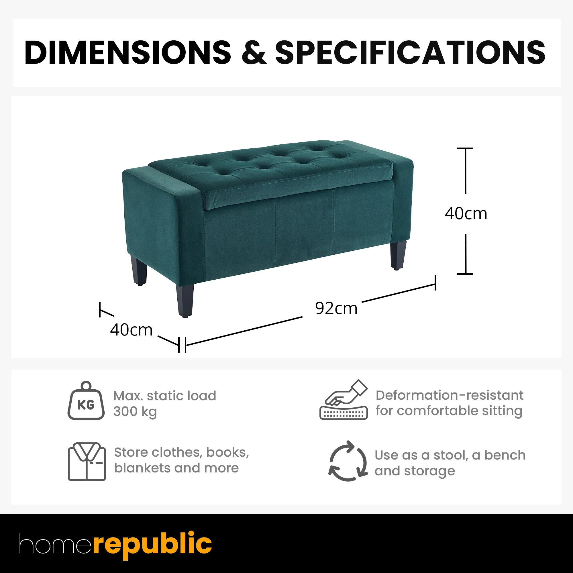 Home Republic Luna Velvet Emerald Green Ottoman Storage Bench - Image 6
