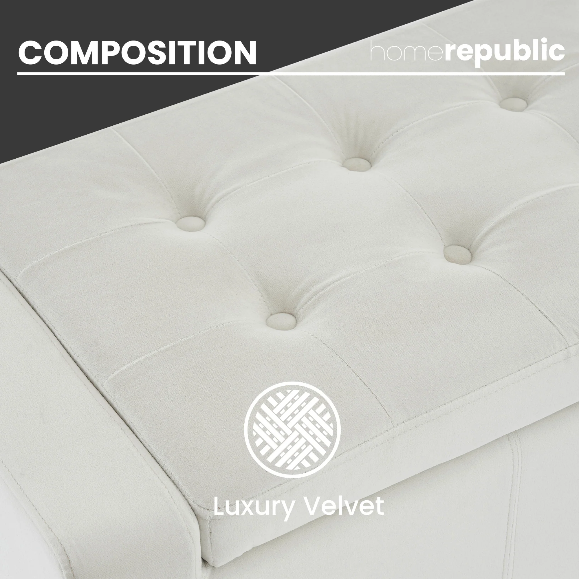 Home Republic Luna Velvet Charcoal White Ottoman Storage Bench - Image 4