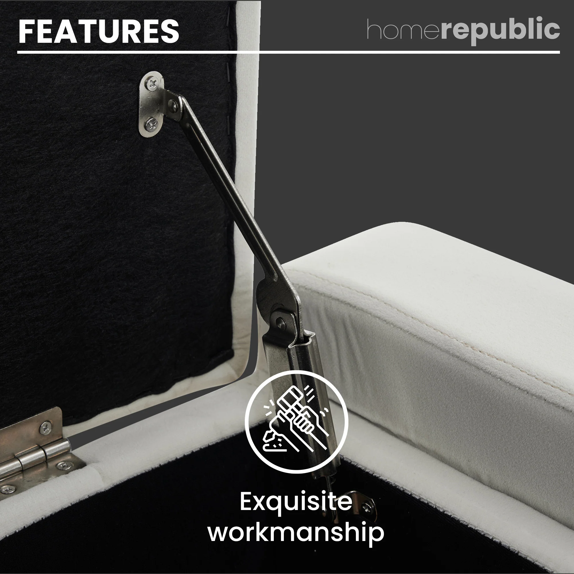 Home Republic Luna Velvet Charcoal White Ottoman Storage Bench - Image 5