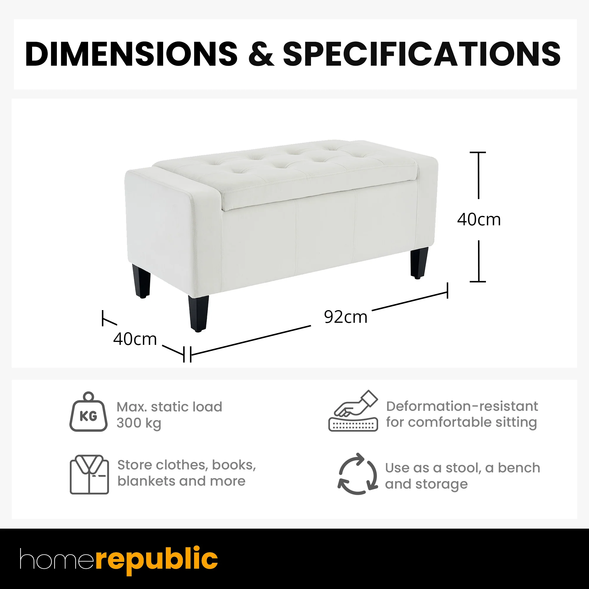 Home Republic Luna Velvet Charcoal White Ottoman Storage Bench - Image 6