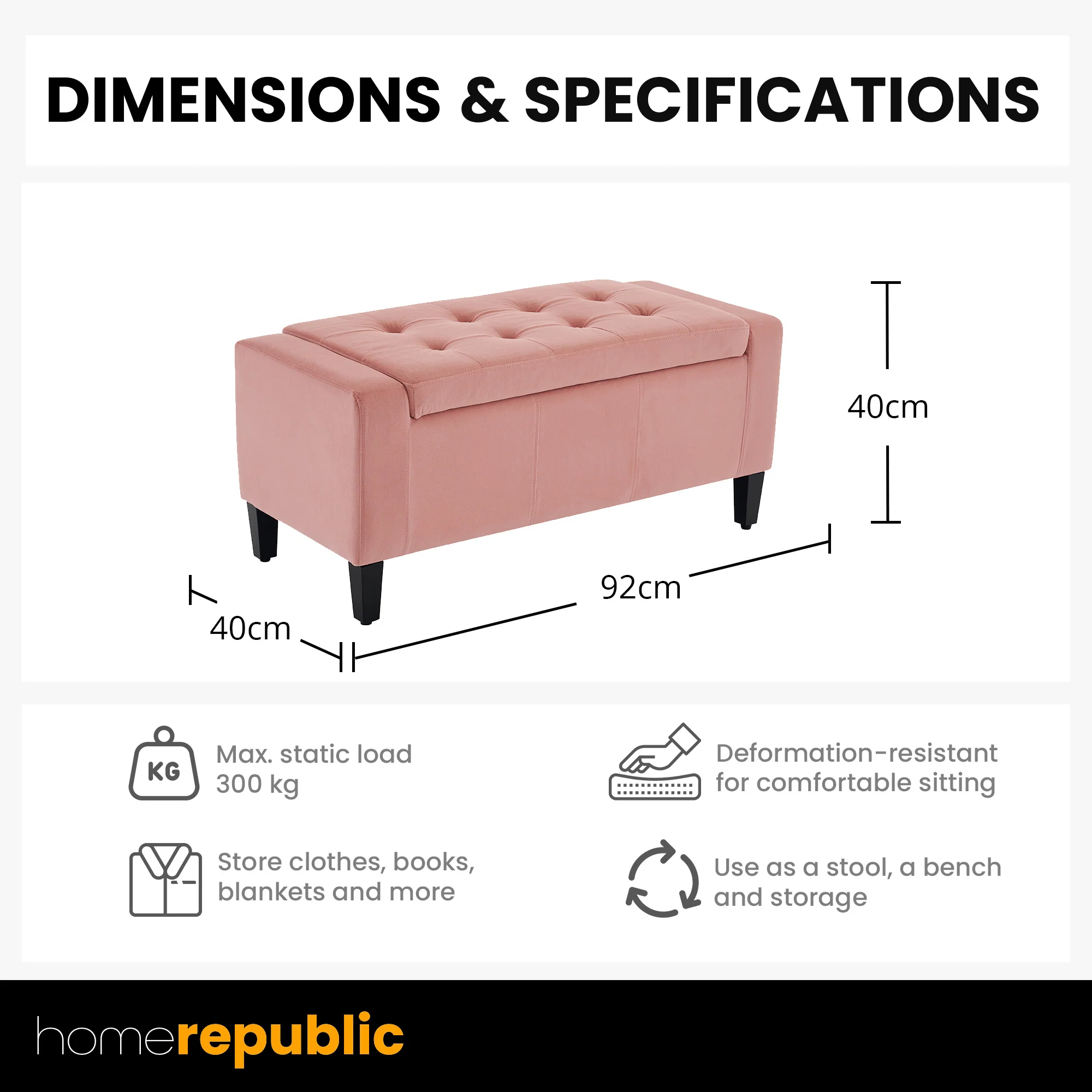 Home Republic Luna Velvet Blush Pink Ottoman Storage Bench - Image 6