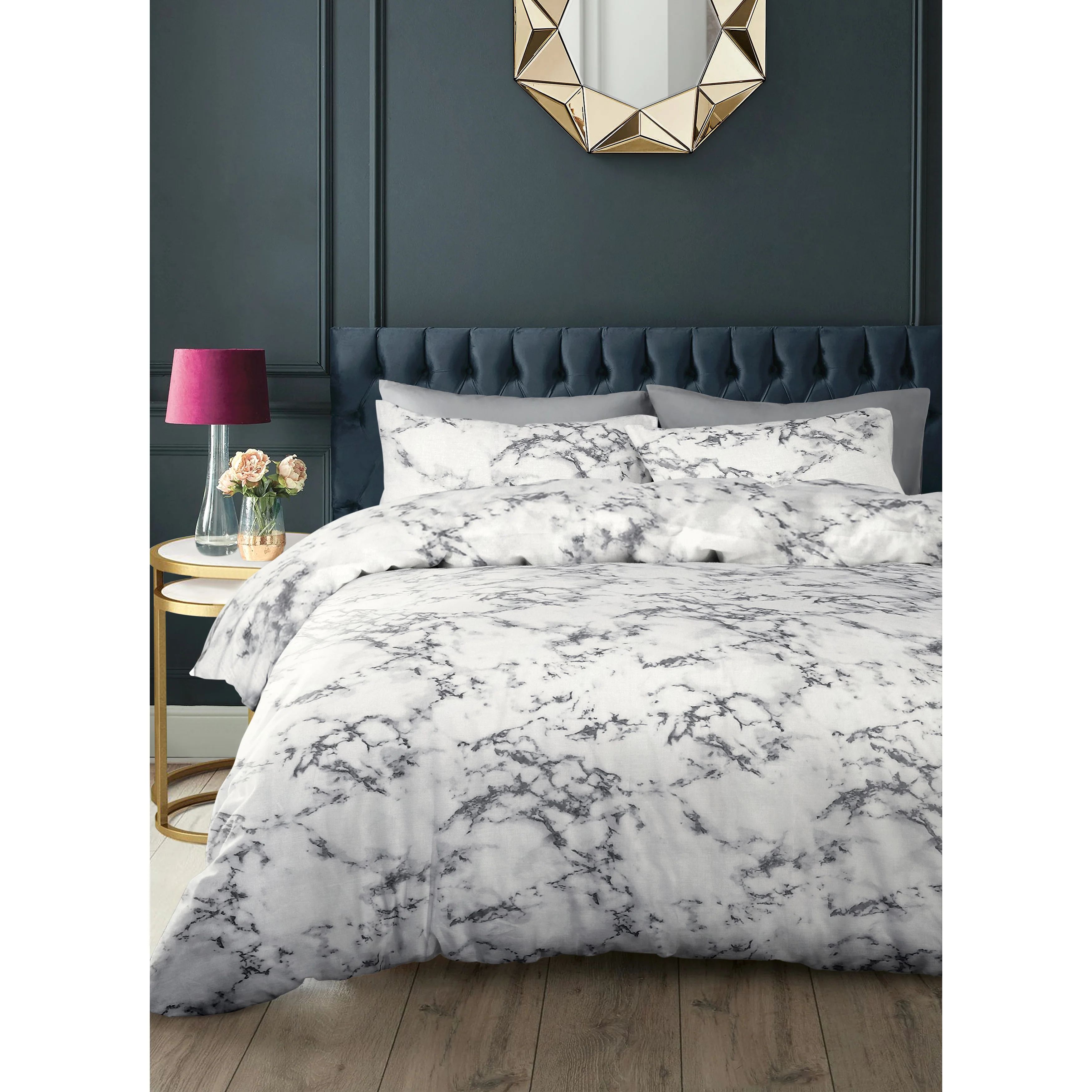 Velosso Marble Print White Duvet Cover & Pillowcase Set