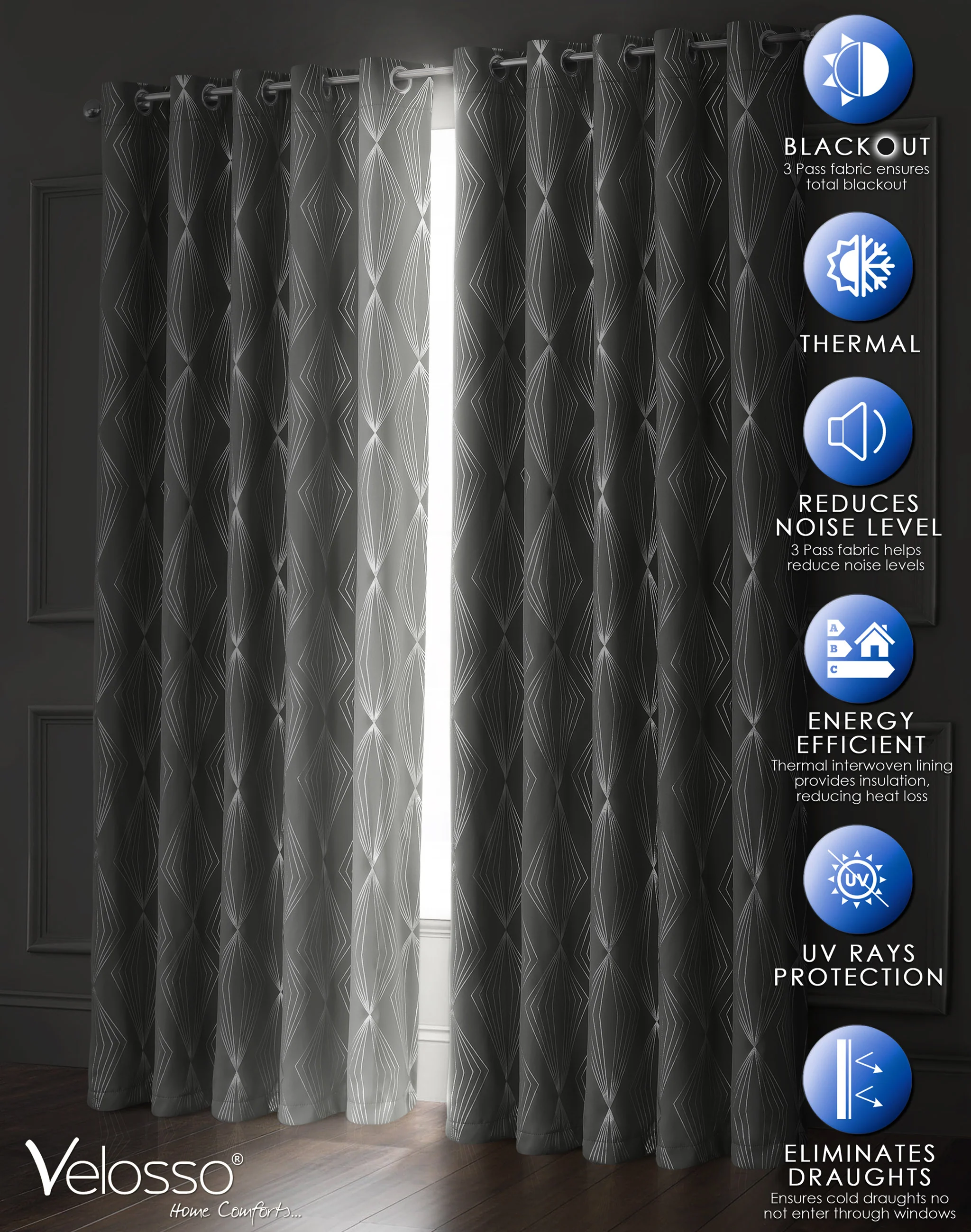 Velosso Onyx Grey Thermal Blackout Ready Made Eyelet Curtains - Image 2
