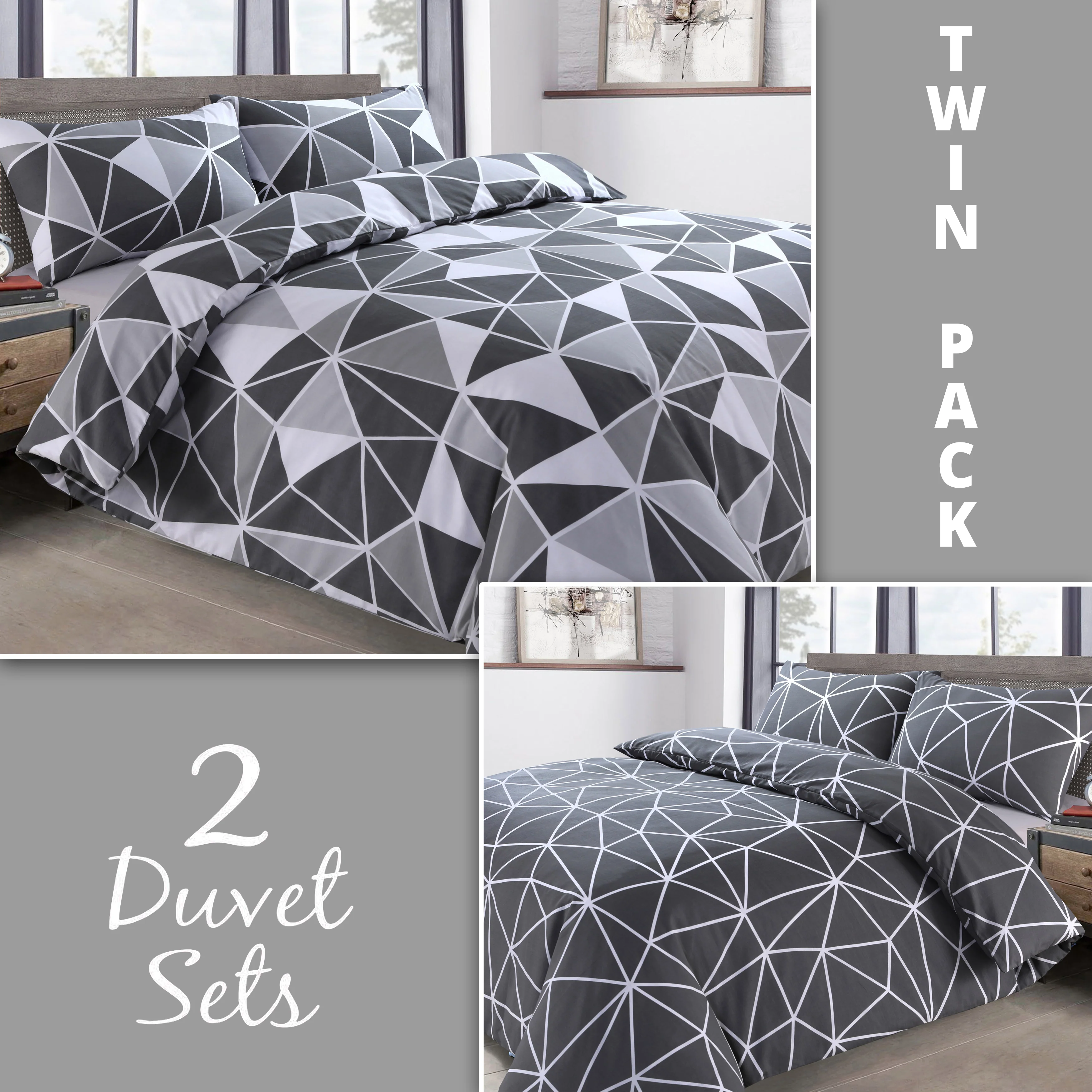 Velosso Saxton Grey Twin Pack Duvet Cover & Pillowcase Set