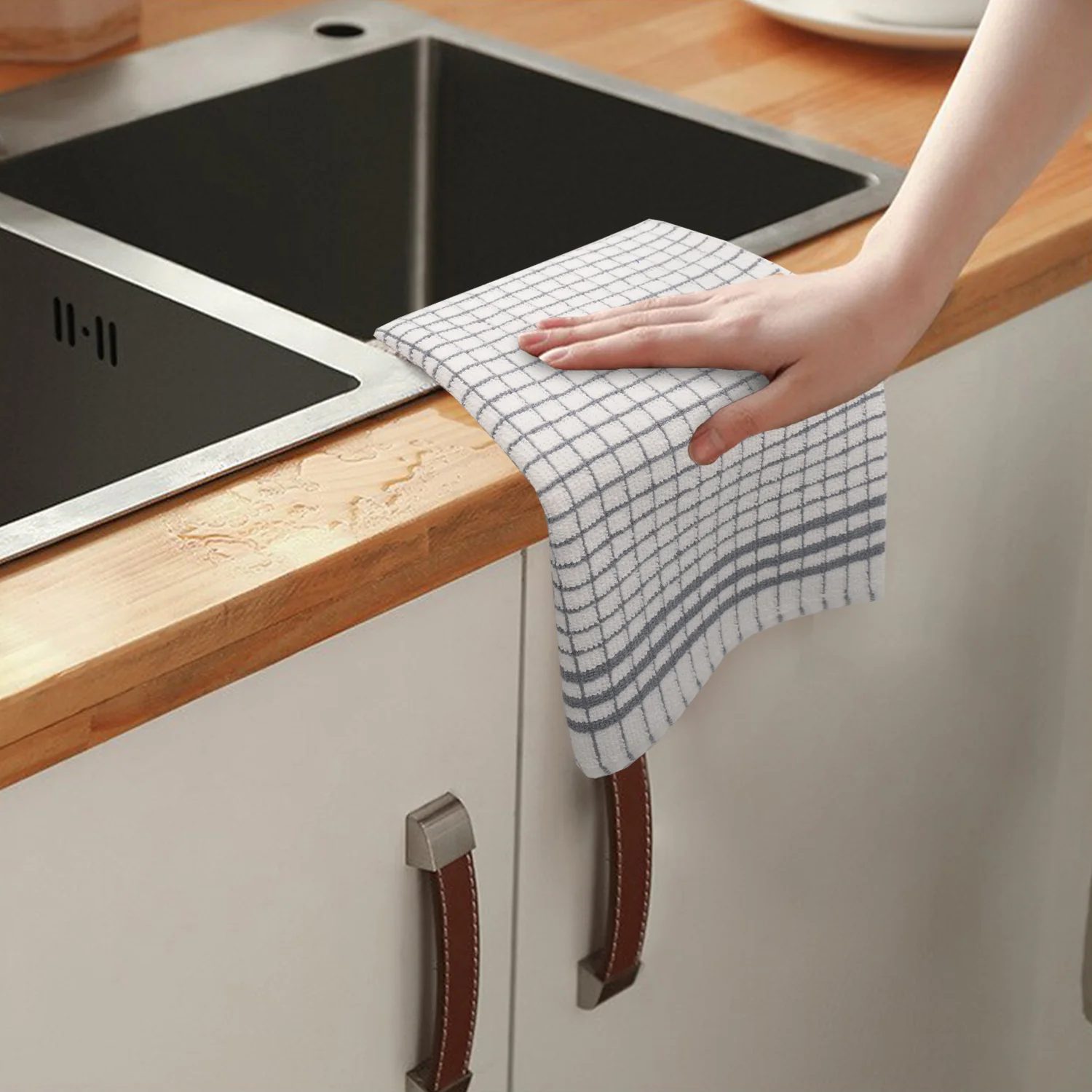 Shaws Large Woven Grey Checked Tea Towel - Image 5