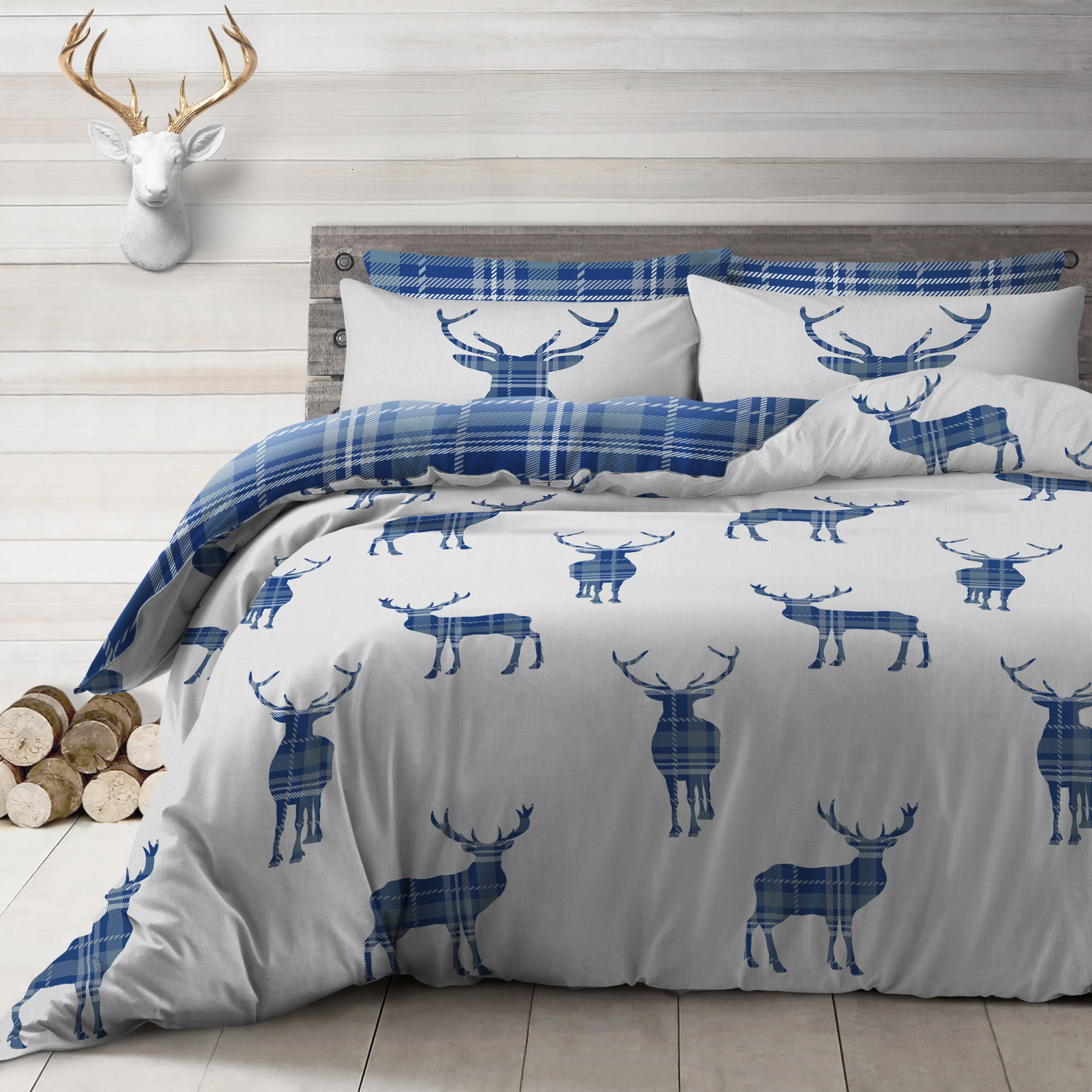 Velosso Stag Check Reversible Navy Duvet Cover & Pillowcase Set