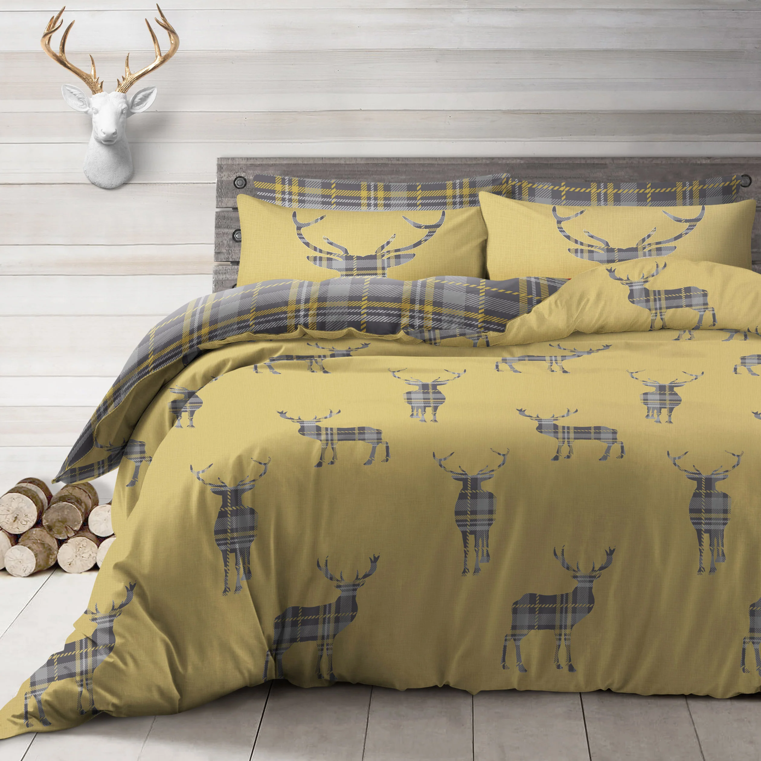 Velosso Stag Check Reversible Ochre Duvet Cover & Pillowcase Set