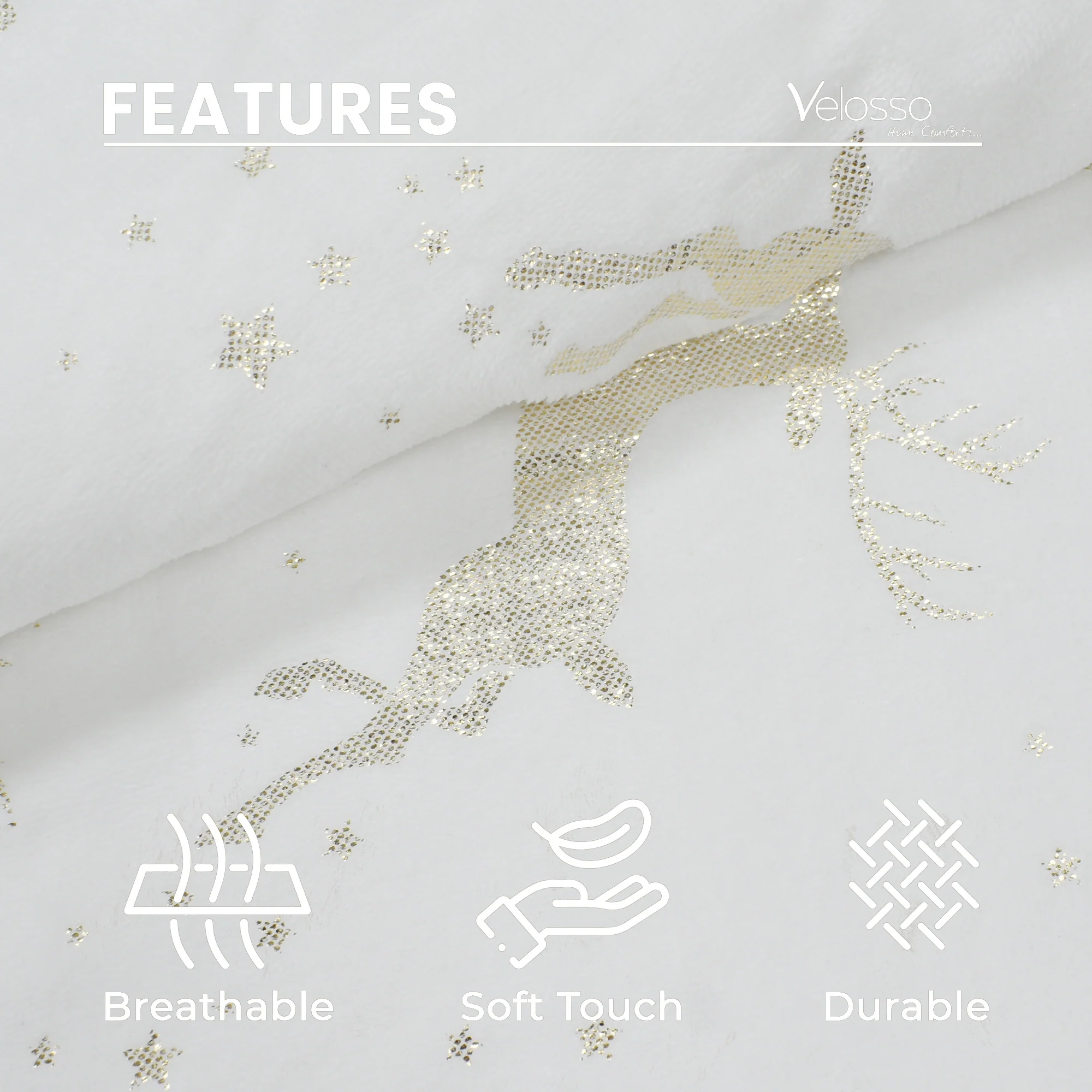 Velosso Dancing Stag Shimmering Velvet Sherpa Blanket - White - Image 3