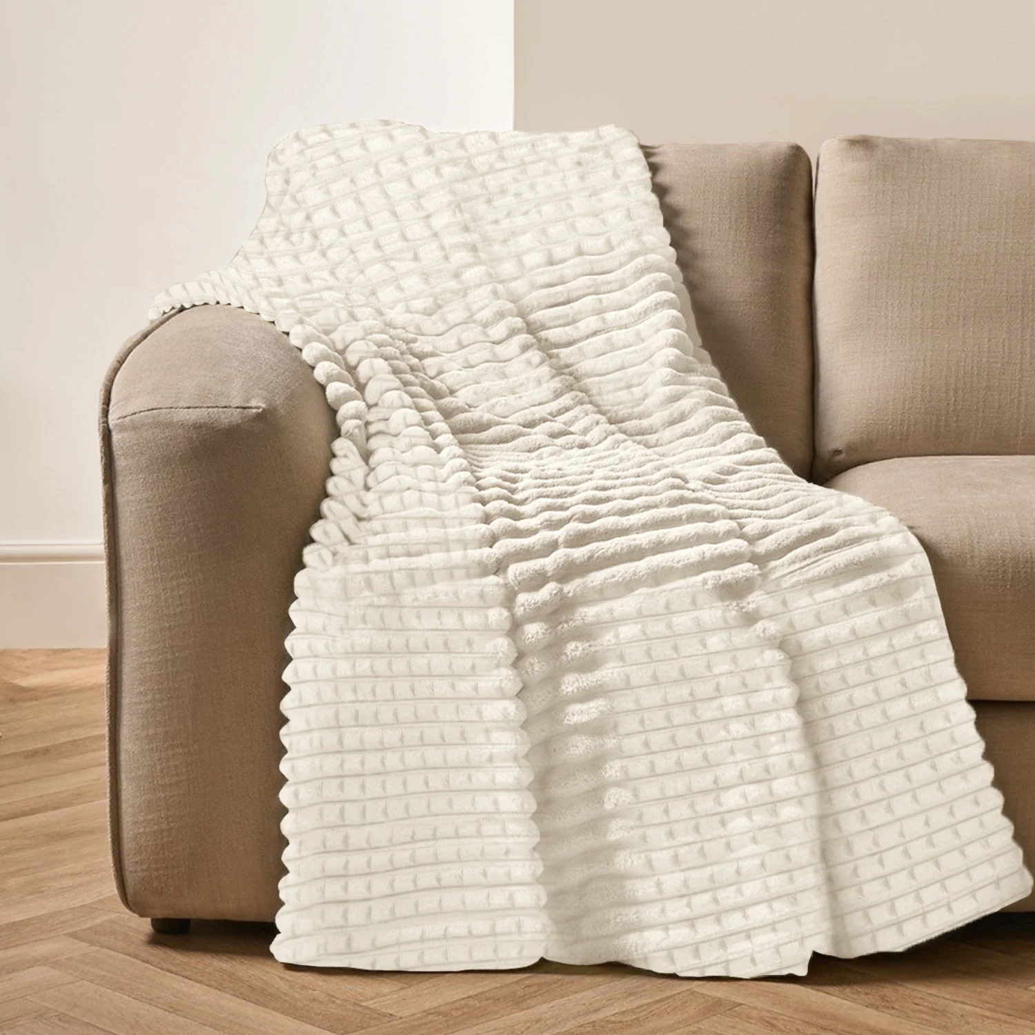 Velosso Super Chunky Waffle Plush Soft Blanket - Ivory - Image 3