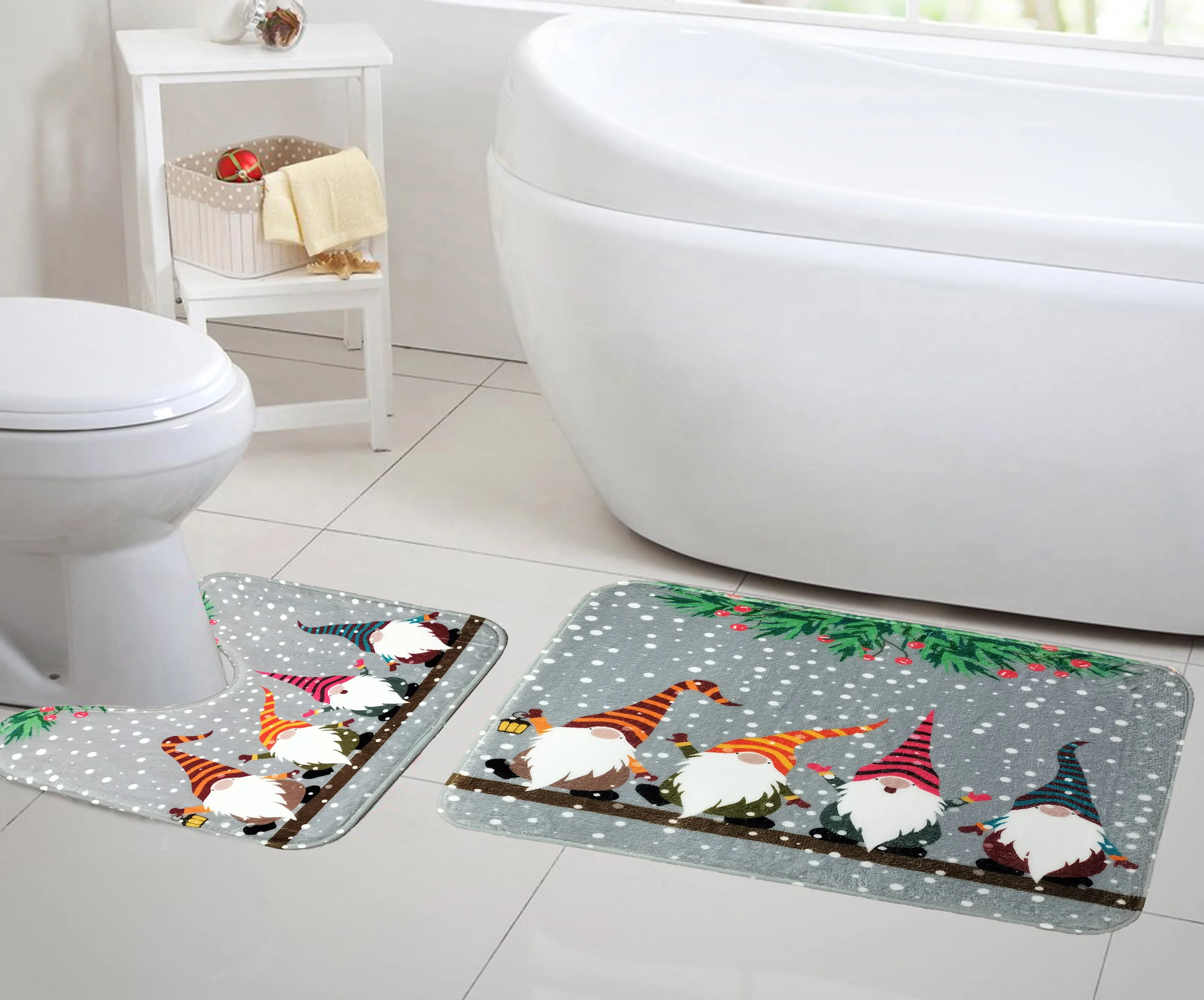 Velosso Singing Gonks Grey Christmas Memory Foam Anti Slip Bath Mat Set - Image 2
