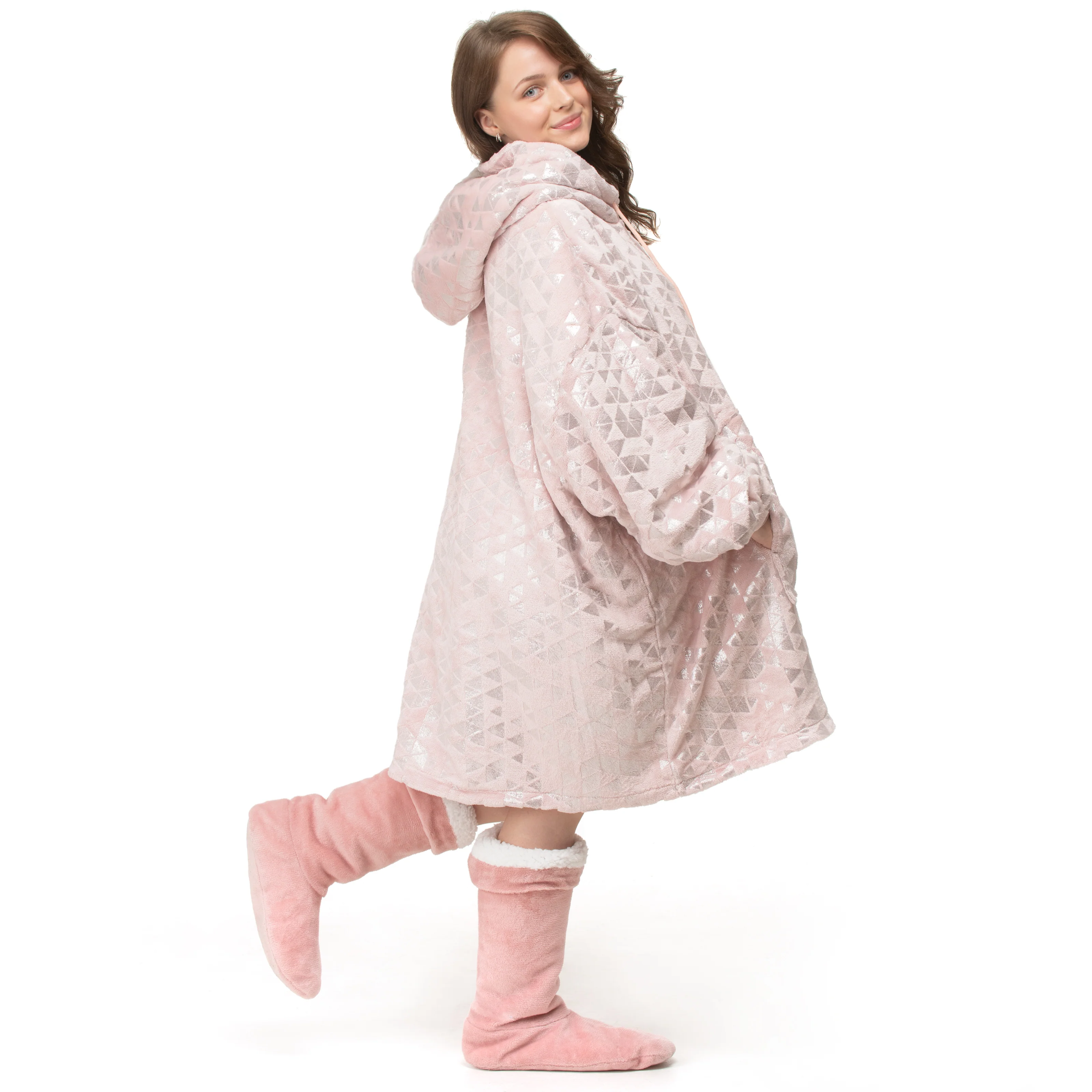 Velosso Pink Metallic Foil Print Teddy Oversized Hoodie