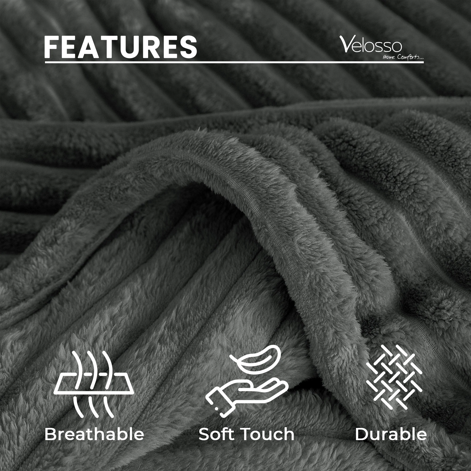 Velosso Charcoal Grey Super Chunky Cord Faux Mink Blanket - Image 5