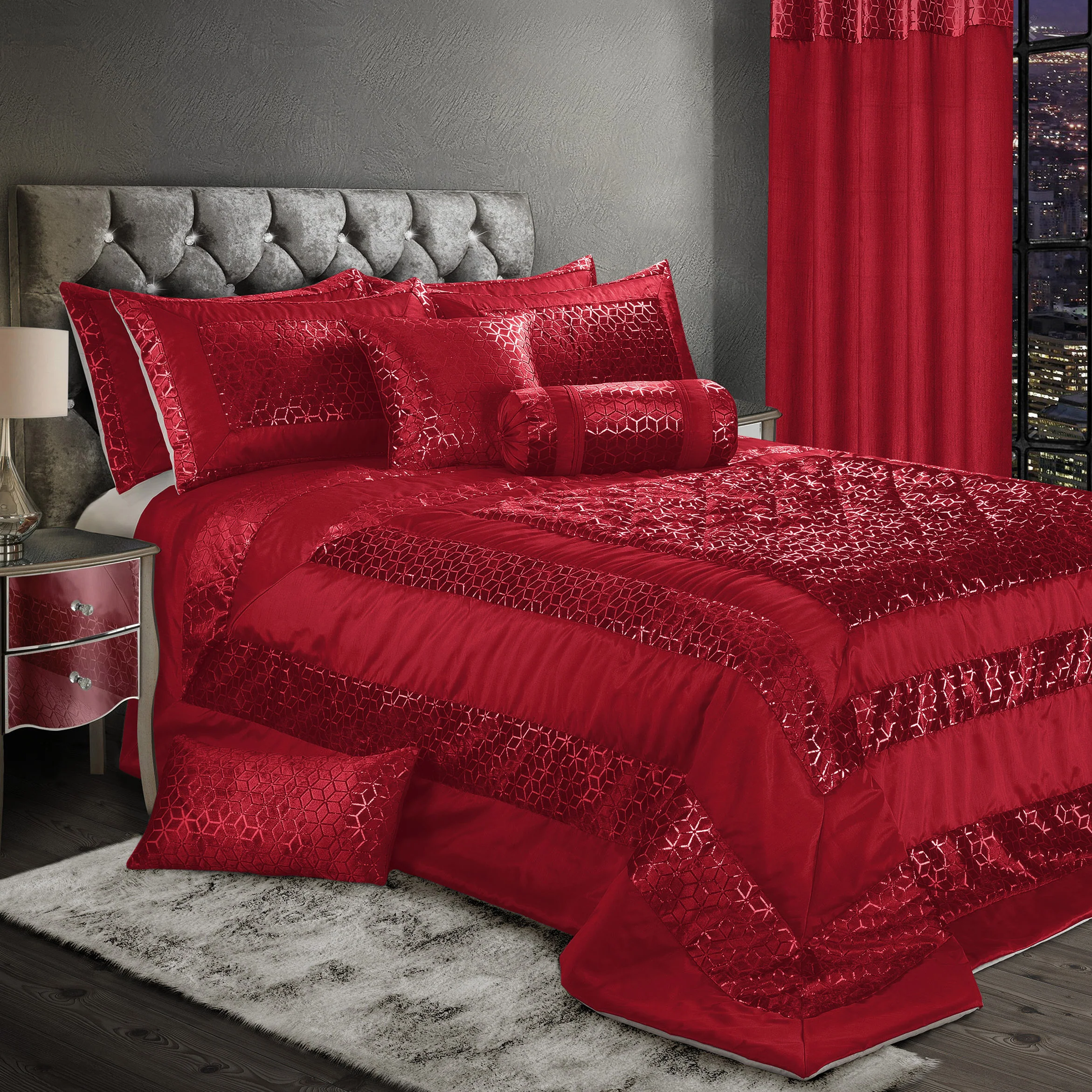 Intimates Vera Faux Silk Crushed Velvet Red Quilted Bedspread