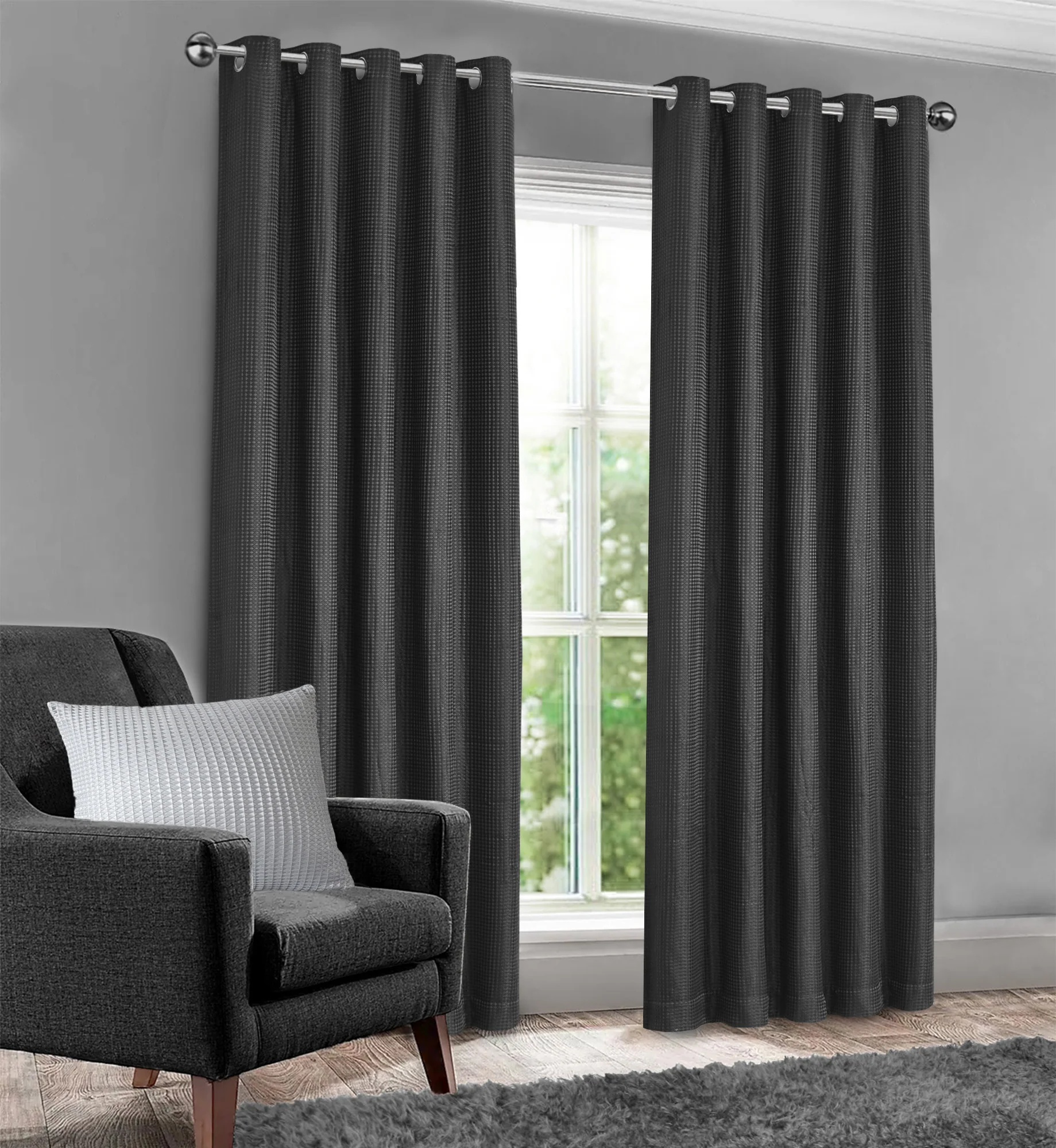Velosso Waffle Weave Charcoal Grey Total Blackout Jacquard Eyelet Header Curtains - Image 2