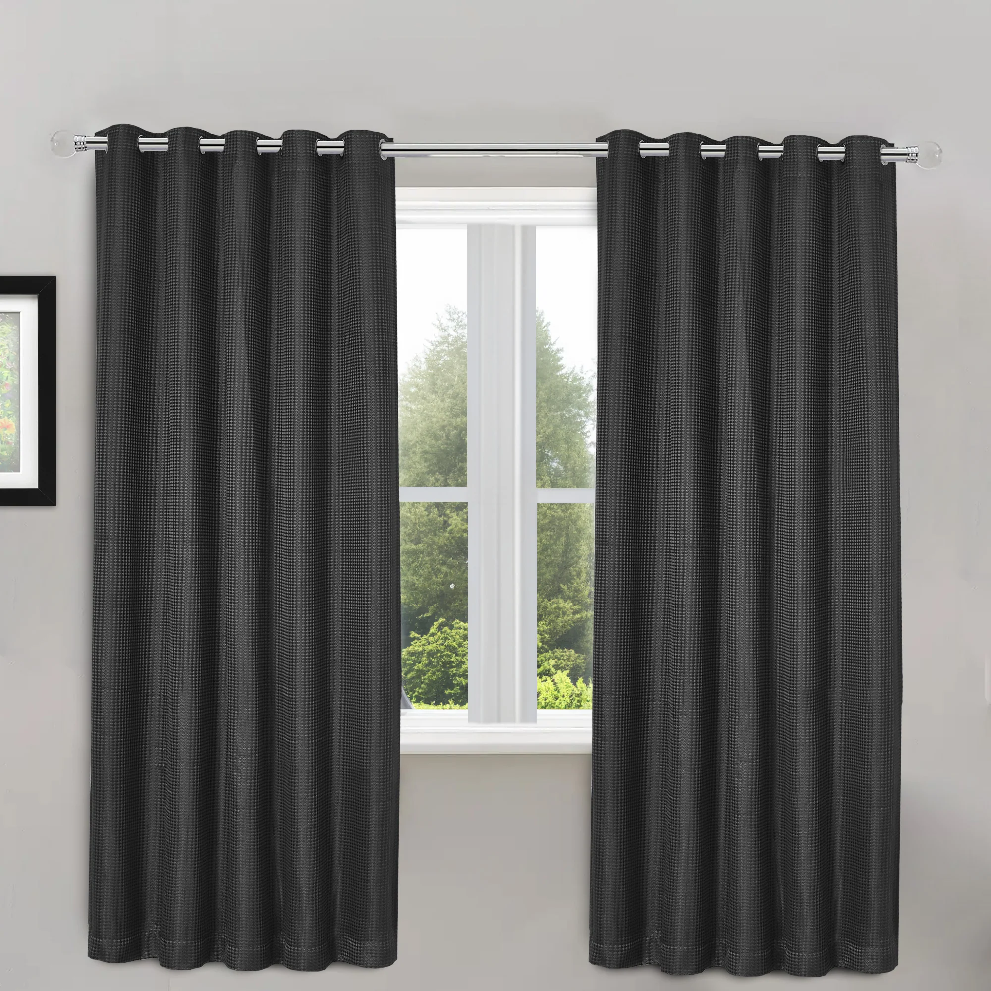 Velosso Waffle Weave Charcoal Grey Total Blackout Jacquard Eyelet Header Curtains - Image 3