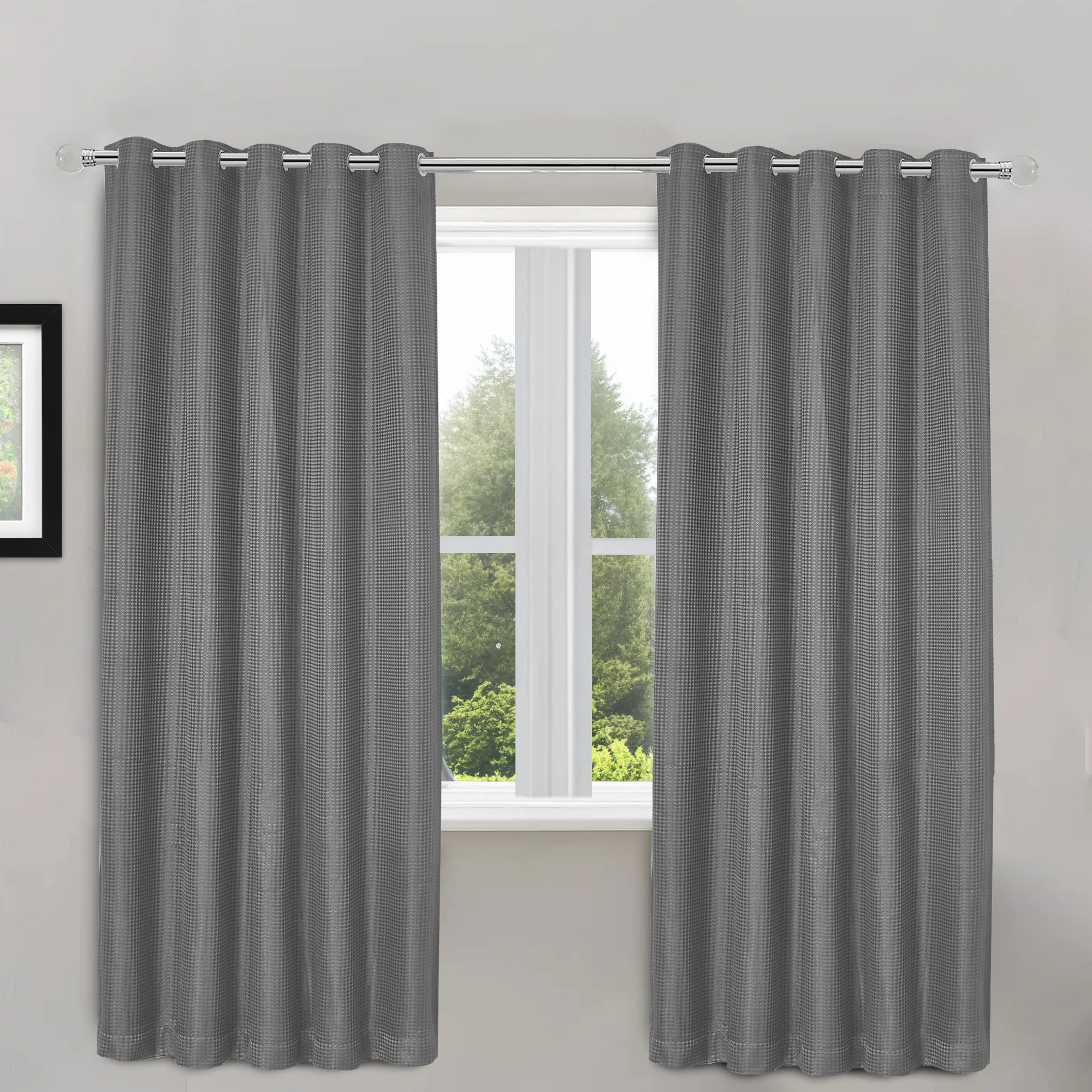 Velosso Waffle Weave Silver Total Blackout Jacquard Eyelet Header Curtains - Image 3