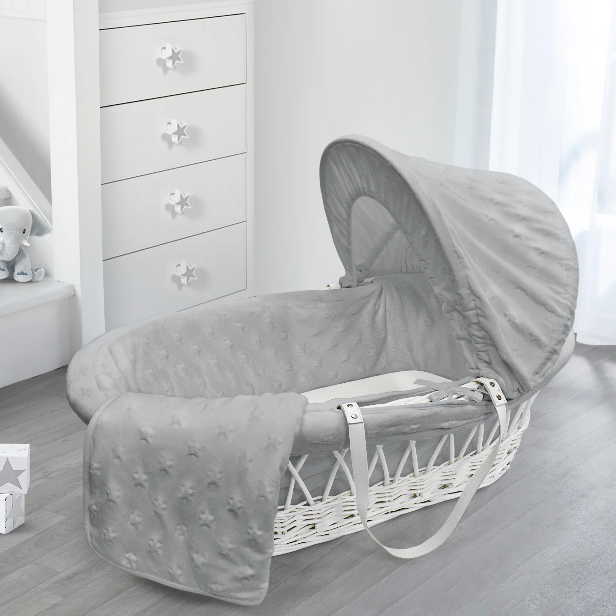 My Little World White Wicker Moses Basket & Grey Star Dressing