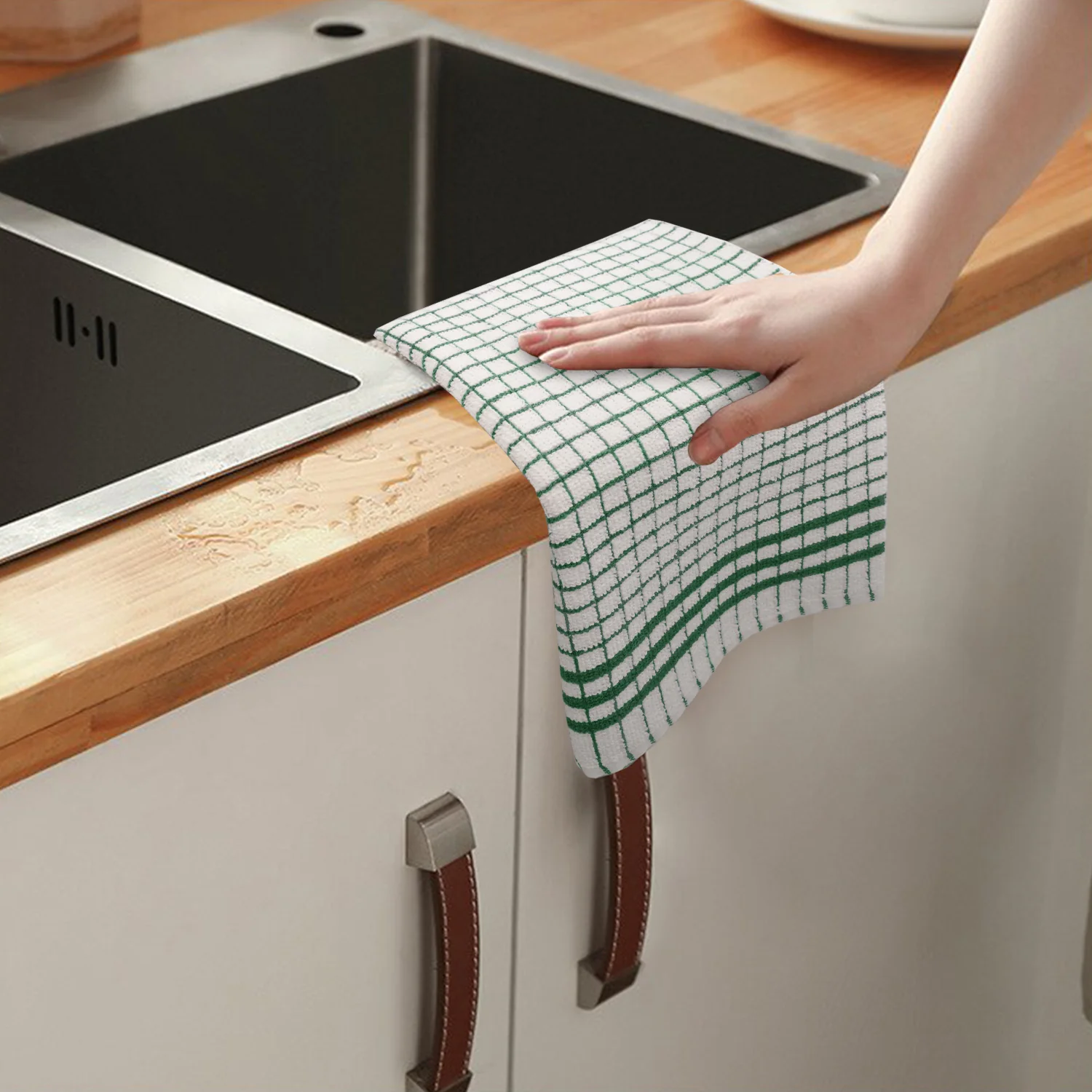 Shaws Large Woven Green Checked Tea Towel - Image 5